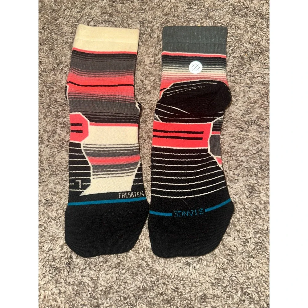 Stance Lanak Pass Light Crew Socks Teal Coral Gray Striped Medium Run FreshTek